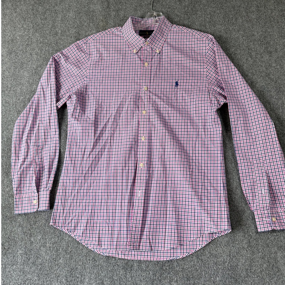 Ralph Lauren Mens Long Sleeve Button Down Shirt Pink Blue‎ Gingham Slim Fit